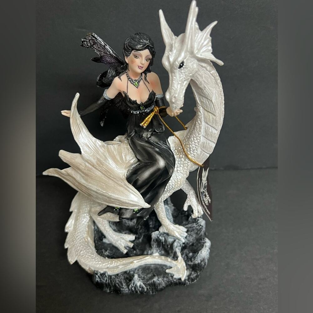 DRAGON CREST Black Wing Fairy Riding White Dragon Fantasy Themed Figurine Decor